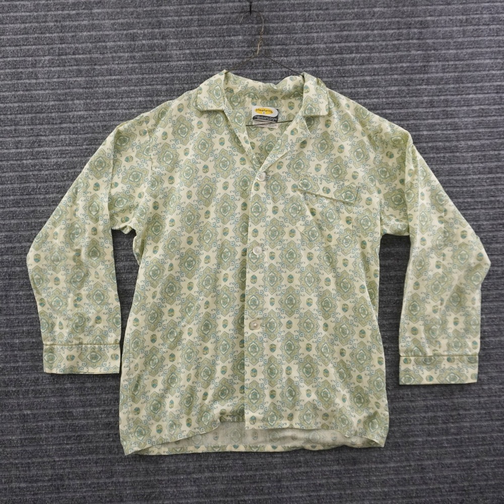 Vintage 60s Pleetway Permanent Press Button Down Shirt Cream Blue Medallion